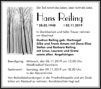 Traueranzeige von Hans Reiling von Südhessen Morgen