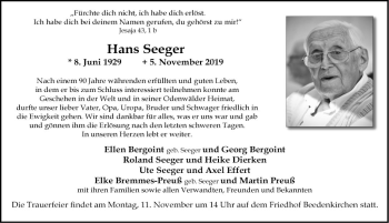 Traueranzeige von Hans Seeger von Bergsträßer Anzeiger