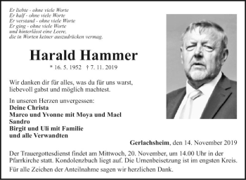 Traueranzeige von Harald Hammer von Fränkische Nachrichten