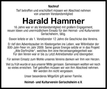 Traueranzeige von Harald Hammer von Fränkische Nachrichten