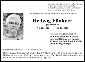 Traueranzeige von Hedwig Fünkner von Fränkische Nachrichten