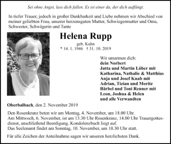 Traueranzeige von Helena Rupp von Fränkische Nachrichten