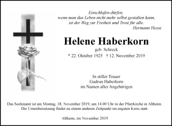 Traueranzeige von Helene Haberkorn von Fränkische Nachrichten