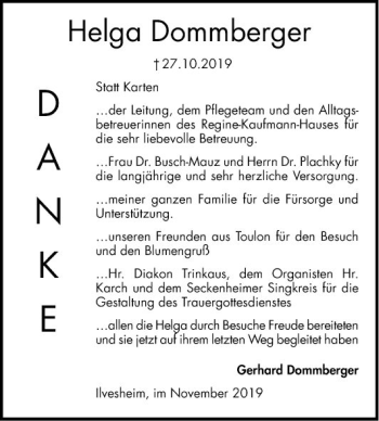 Traueranzeige von Helga Dommberger von Mannheimer Morgen