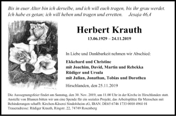 Traueranzeige von Herbert Krauth von Fränkische Nachrichten