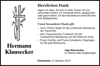 Traueranzeige von Hermann Klausecker von Fränkische Nachrichten