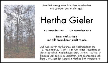 Traueranzeige von Hertha Gieler von Mannheimer Morgen