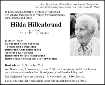 Traueranzeige von Hilda Hillenbrand von Fränkische Nachrichten