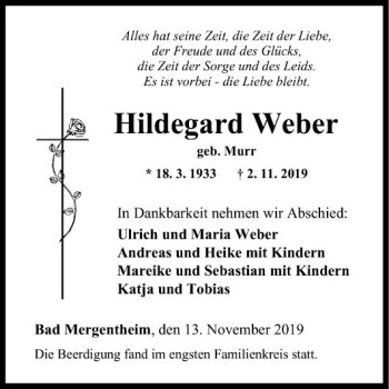 Traueranzeige von Hildegard Weber von Fränkische Nachrichten