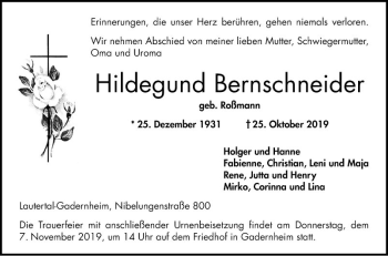 Traueranzeige von Hildegund Bernschneider von Bergsträßer Anzeiger