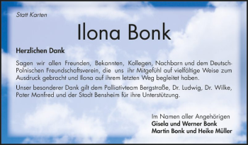 Traueranzeige von Ilona Bonk von Bergsträßer Anzeiger