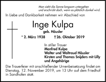 Traueranzeige von Inge Kulpa von Mannheimer Morgen