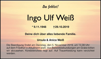 Traueranzeige von Ingo Ulf Weiß von Schwetzinger Zeitung