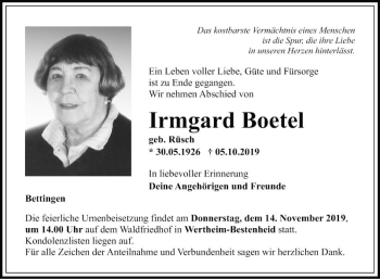 Traueranzeige von Irmgard Boetel von Fränkische Nachrichten