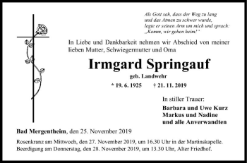 Traueranzeige von Irmgard Springauf von Fränkische Nachrichten