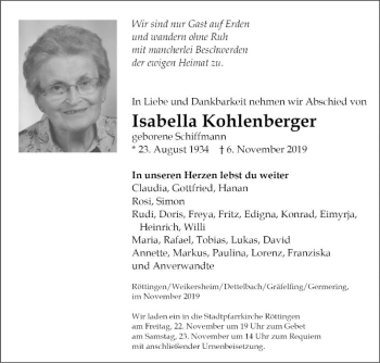 Traueranzeige von Isabella Kohlenberger von Fränkische Nachrichten