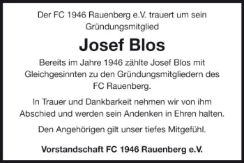 Traueranzeige von Josef Blos von Fränkische Nachrichten