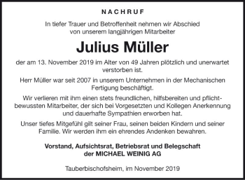 Traueranzeige von Julius Müller von Fränkische Nachrichten