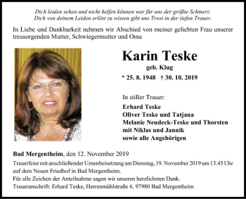 Traueranzeige von Karin Teske von Fränkische Nachrichten