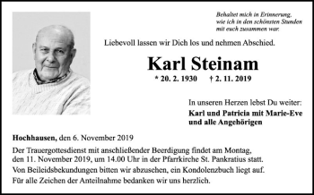 Traueranzeige von Karl Steinam von Fränkische Nachrichten