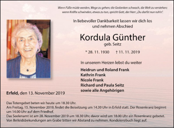 Traueranzeige von Kordula Günther von Fränkische Nachrichten