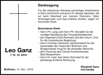 Traueranzeige von Leo Ganz von Fränkische Nachrichten