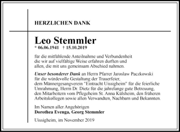 Traueranzeige von Leo Stemmler von Fränkische Nachrichten