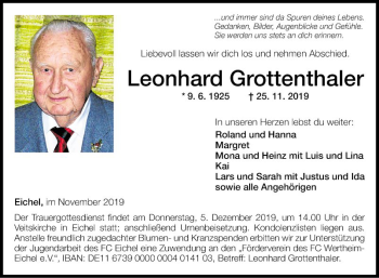 Traueranzeige von Leonhard Grottenthaler von Fränkische Nachrichten