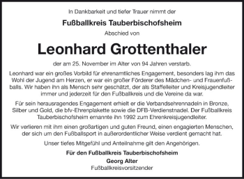 Traueranzeige von Leonhard Grottenthaler von Fränkische Nachrichten