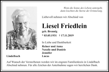 Traueranzeige von Liesel Friedlein von Fränkische Nachrichten