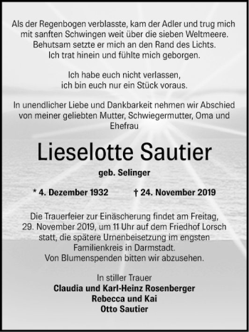 Traueranzeige von Lieselotte Sautier von Bergsträßer Anzeiger