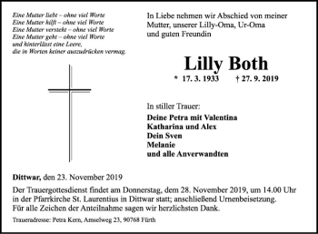 Traueranzeige von Lilly Both von Fränkische Nachrichten