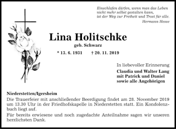 Traueranzeige von Lina Holitschke von Fränkische Nachrichten