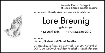 Traueranzeige von Lore Breunig von Mannheimer Morgen