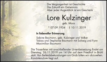 Traueranzeige von Lore Kulzinger von Schwetzinger Zeitung