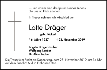 Traueranzeige von Lotte Dräger von Bergsträßer Anzeiger