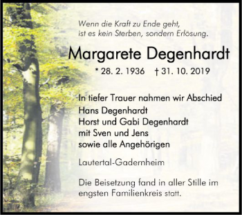 Traueranzeige von Margarete Degenhardt von Bergsträßer Anzeiger