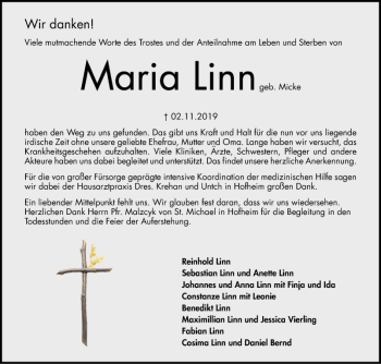 Traueranzeige von Maria Linn von Südhessen Morgen