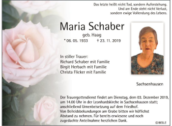 Traueranzeige von Maria Schaber von Fränkische Nachrichten