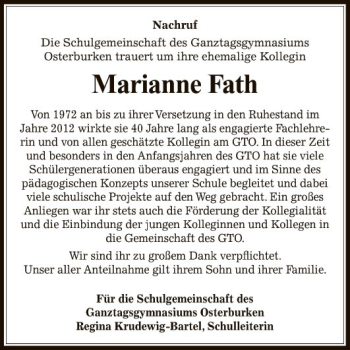 Traueranzeige von Marianne Fath von Fränkische Nachrichten