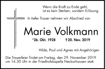 Traueranzeige von Marie Volkmann von Mannheimer Morgen