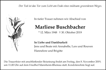 Traueranzeige von Marliese Buschbacher von Mannheimer Morgen