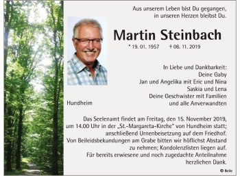 Traueranzeige von Martin Steinbach von Fränkische Nachrichten