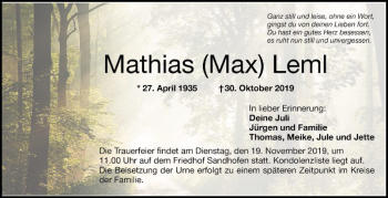 Traueranzeige von Mathias  Leml von Mannheimer Morgen