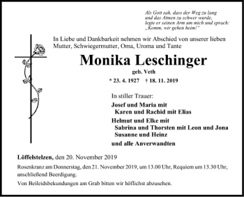 Traueranzeige von Monika Leschinger von Fränkische Nachrichten