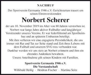 Traueranzeige von Norbert Scherer von Fränkische Nachrichten