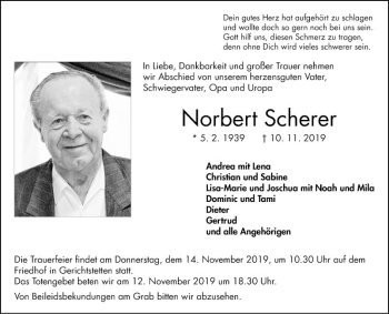 Traueranzeige von Norbert Scherer von Fränkische Nachrichten