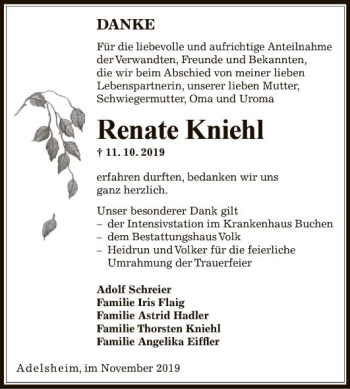 Traueranzeige von Renate Kniehl von Fränkische Nachrichten