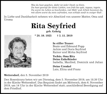 Traueranzeige von Rita Seyfried von Fränkische Nachrichten