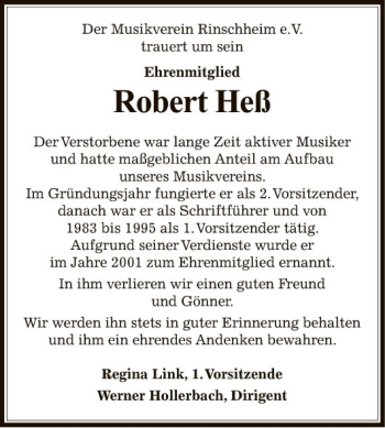 Traueranzeige von Robert Heß von Fränkische Nachrichten